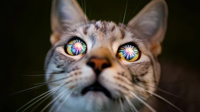 A close-up of a domestic cat scared face showing wide-open eyes with colorful firework explosions reflected in the glossy corneas.
