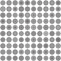 Set of 100 black circular mandala artworks with elegant symmetrical designs and ornamental silhouette patterns