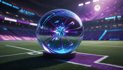 Futuristic soccer stadium lights illuminate the night, a bright glowing design of technology in digital space
