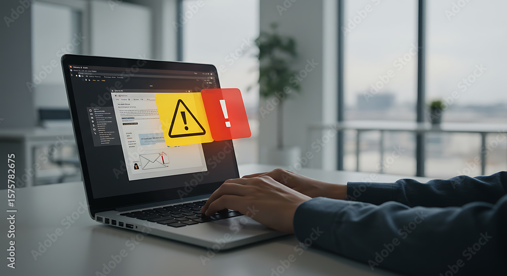 Aufkleber person typing on a laptop with warning and alert signs displayed on the computer screen in an office