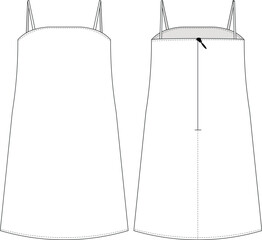 squared neck sleeveless strappped strappy spaghetti straps zippered mini short a line loose slouchy tent dress template technical drawing flat sketch cad mockup fashion woman design style model 
