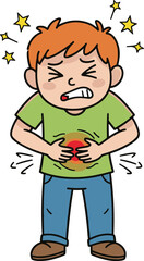 Cartoon boy holding stomach in pain, suffering from stomach ache, food poisoning, digestive problem, child health issue, medical illustration concept