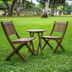 Relaxing Wooden Chairs and Table in a Lush Green Garden