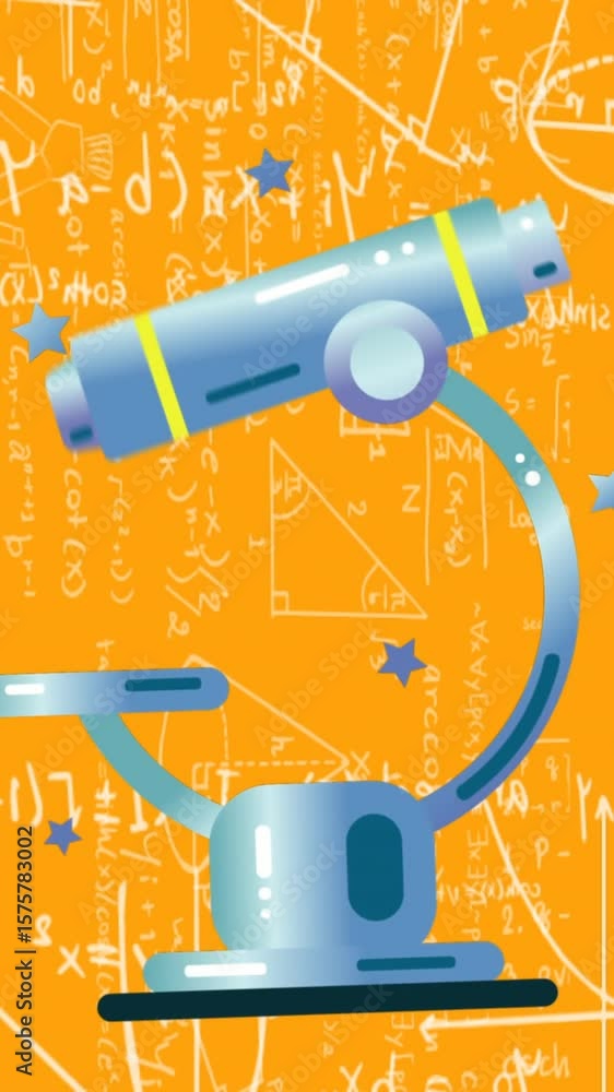 Poster animation of microscope over mathematical equations on orange background