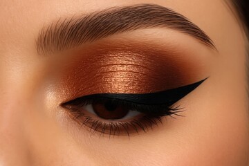 Closeup of a womans eye with glamorous bronze eyeshadow and sharp eyeliner