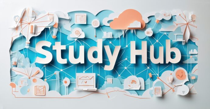 Papercraft illustration depicts study hub concept. Books, laptop, cloud, connections represent learning environment. Bright colors, modern design.