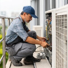 A man kneels on a balcony working on an air conditioner