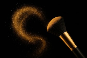 A makeup brush creates a swirl of gold glitter powder against a black background