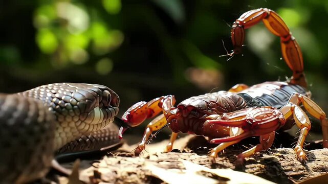 A detailed close-up of a snake and scorpion in a lush natural setting.