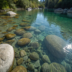 Fototapeta premium Pristine Clear River with Rocky Bed and Forest Reflections in Sunlight
