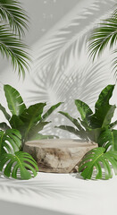 Tropical Indoor Setting with Stone Table and Lush Plants