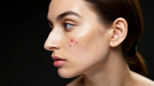 Close-up of young woman face with troubled skin and acne spots for retouching practice.