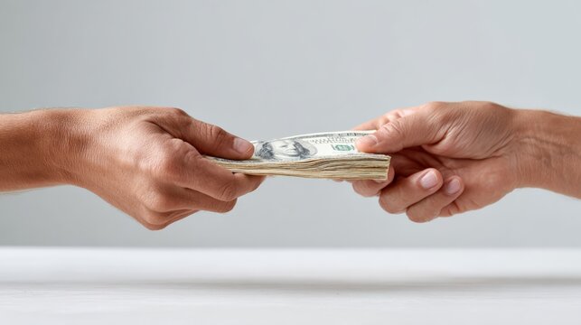 Two hands exchanging a stack of u.S. Dollar bills, illustrating a financial transaction involving real estate, mortgage agreements, rental payments, or home purchases