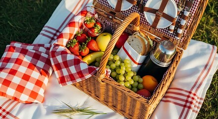 Picnic Basket Filled with Food on a Blanket Outdoor