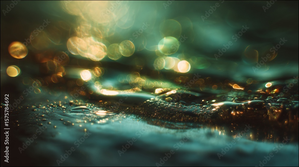 Poster abstract macro shot depicts iridescent green reflections creating a soft bokeh effect on oil