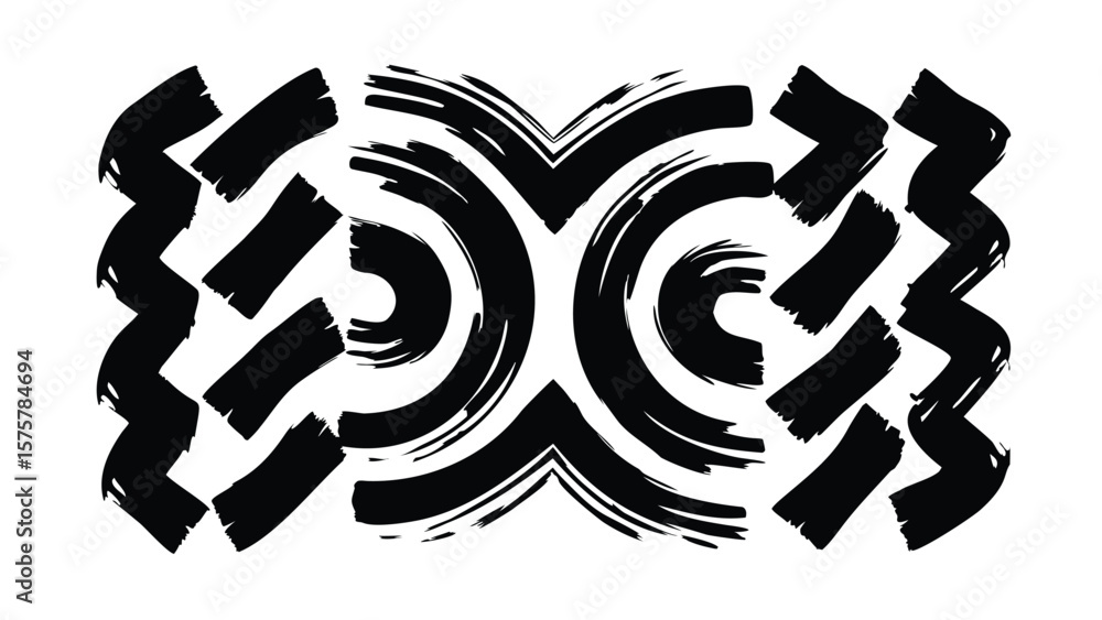 Poster abstract black brush strokes pattern forming a symmetrical design on a white background style art