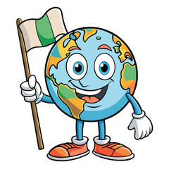 Cartoon earth globe character holding a flag