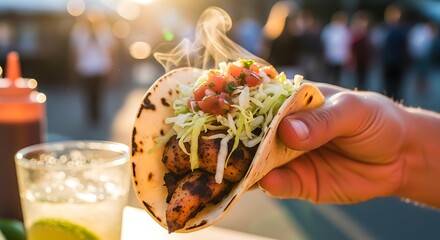 Holding a Deliciously Filled Taco with Fresh Ingredients and Steam
