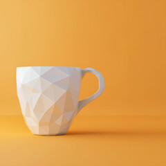 Cute 3D low poly coffee cup over warm yellow background.