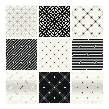 Vector seamless patterns set. Basic essential ornaments. Geometric backgrounds with thin linear and bold designs. Regular monochrome swatches. Basic versatile tileable grids.