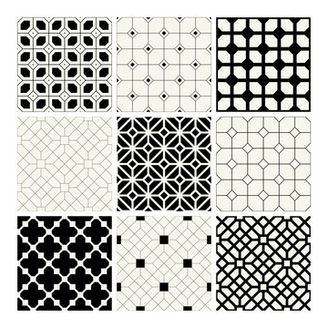 Vector seamless patterns set. Basic essential ornaments. Geometric backgrounds with thin linear and bold designs. Regular monochrome swatches. Basic versatile tileable grids.