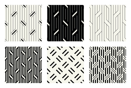 Vector seamless patterns set. Basic essential ornaments. Geometric backgrounds with thin linear and bold designs. Regular monochrome swatches. Basic versatile tileable grids.