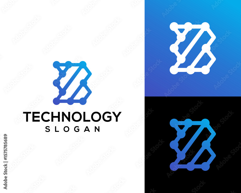 Poster technology logo design with initial b. symbol of intelligence and connectivity.