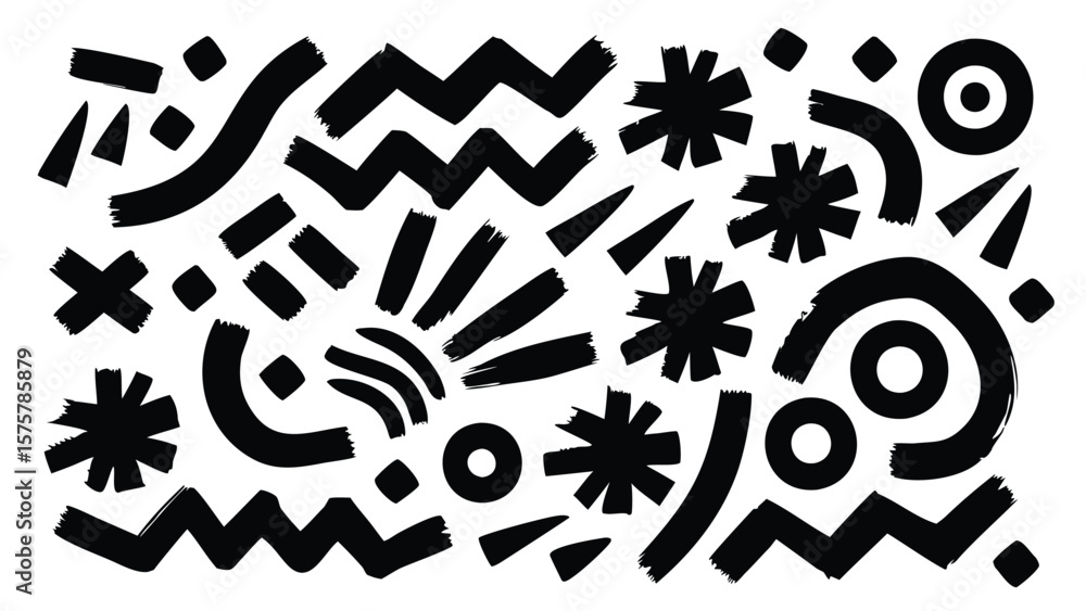 Poster black and white abstract pattern with geometric shapes and brush stroke elements creating a bold des