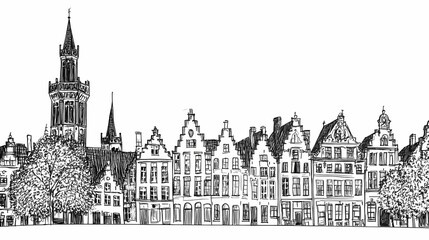 Obraz premium Black and white drawing of historic European buildings.