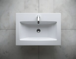 Overhead view of a white rectangular bathroom sink with chrome faucet and gray tiled wall background