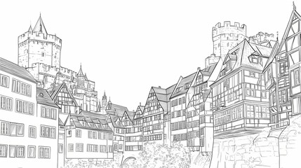 Naklejka premium Detailed black and white sketch of a European city skyline.