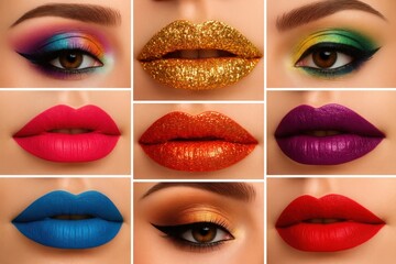 A collage of vibrant and artistic makeup looks for eyes and lips