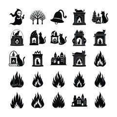 Obraz premium Silhouetted Imagery A Whimsical Collection of Cats, Castles, Flames and More in Striking Black and White Contrast