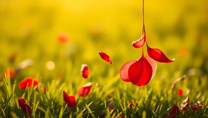 Naklejka premium Floating red petals drifting above a soft-focus green field with warm sunlight in the background – poetic floral wallpaper for desktops, offering a romantic and calming nature-inspired visual atmosphe