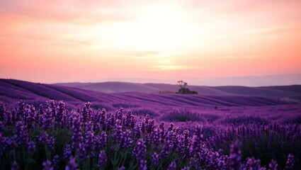 Obraz premium Wide view of rolling lavender fields beneath a soft pink twilight sky with wind-blown textures and a hazy horizon – soothing romantic floral wallpaper perfect for desktop backgrounds and scenic design