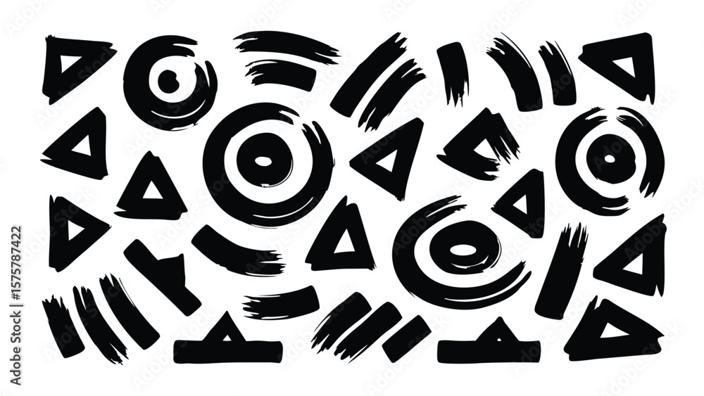 Poster collection of black brush stroke shapes including triangles circles and lines in a random arrangemen