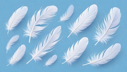 Collection of white feathers scattered on a light blue background