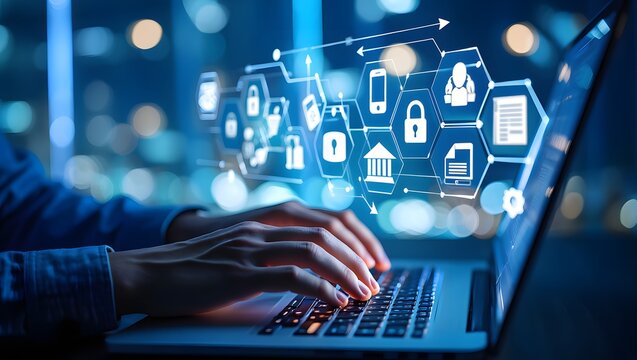 Person typing on a laptop with a glowing digital network overlay