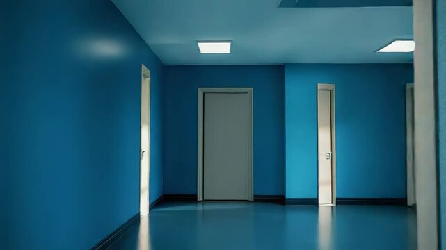 Long empty blue corridor with sunlight passing through windows