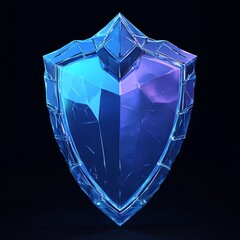 Crystal shield, blue, purple, polygonal, dark background.