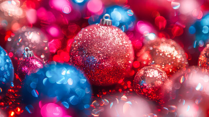 Colorful glittering Christmas ornaments in vibrant red and blue hues creating festive atmosphere