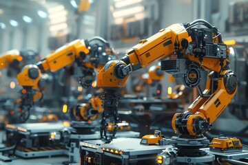 Futuristic robotic arms in automated factory.