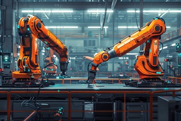Two orange robotic arms working on an assembly line in a modern factory.
