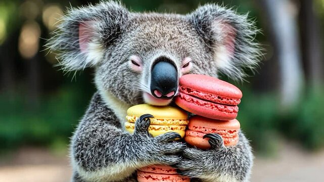A koala cuddling a stack of macarons