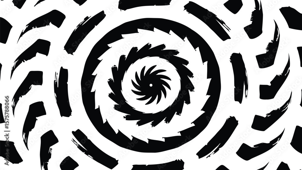 Poster abstract black and white spiral pattern with brush strokes and circular vortex design element presen