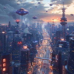 Futuristic city skyline at sunset with flying saucers.
