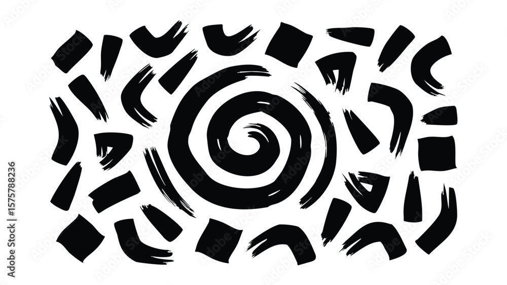 Poster black brush strokes arranged around a central spiral on a white background creating an abstract desi
