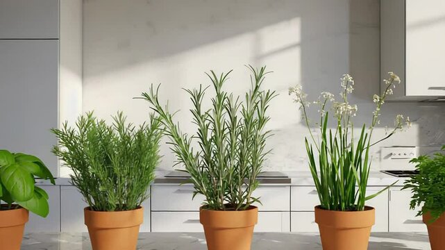 Aromatic herbs growing in terracotta pots decorating a modern kitchen