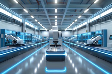 Automated factory with robotic arms and conveyor belts.