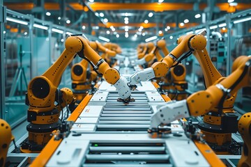 Automated robotic assembly line in modern factory.
